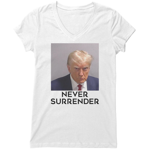 New: Trump Mug Shot Fulton County GA Never Surrender Women's V-Neck T-Shirt