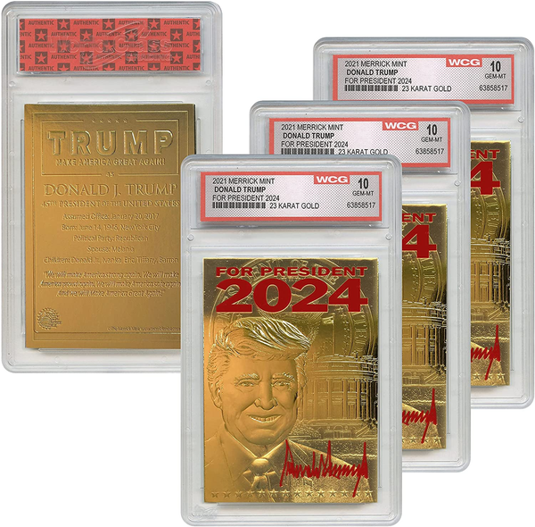Trump 2024  Sculptured 23 Kt Gold Trading Card. Each card is minted on a sheet of Genuine 23 Karat gold Leaf