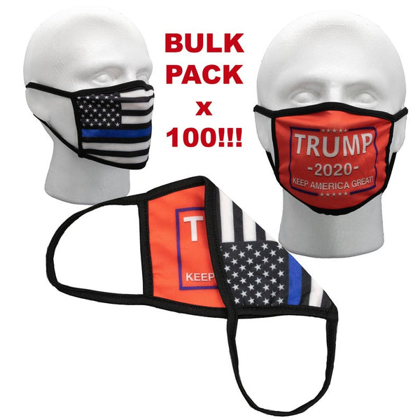Wholesale Bulk Face Masks - Pack of 100 Trump Masks - Red with Thin Blue Line Flag Back Side