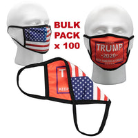 Wholesale Bulk Face Masks - Pack of 100 Trump Masks - Red with USA Flag Back Side